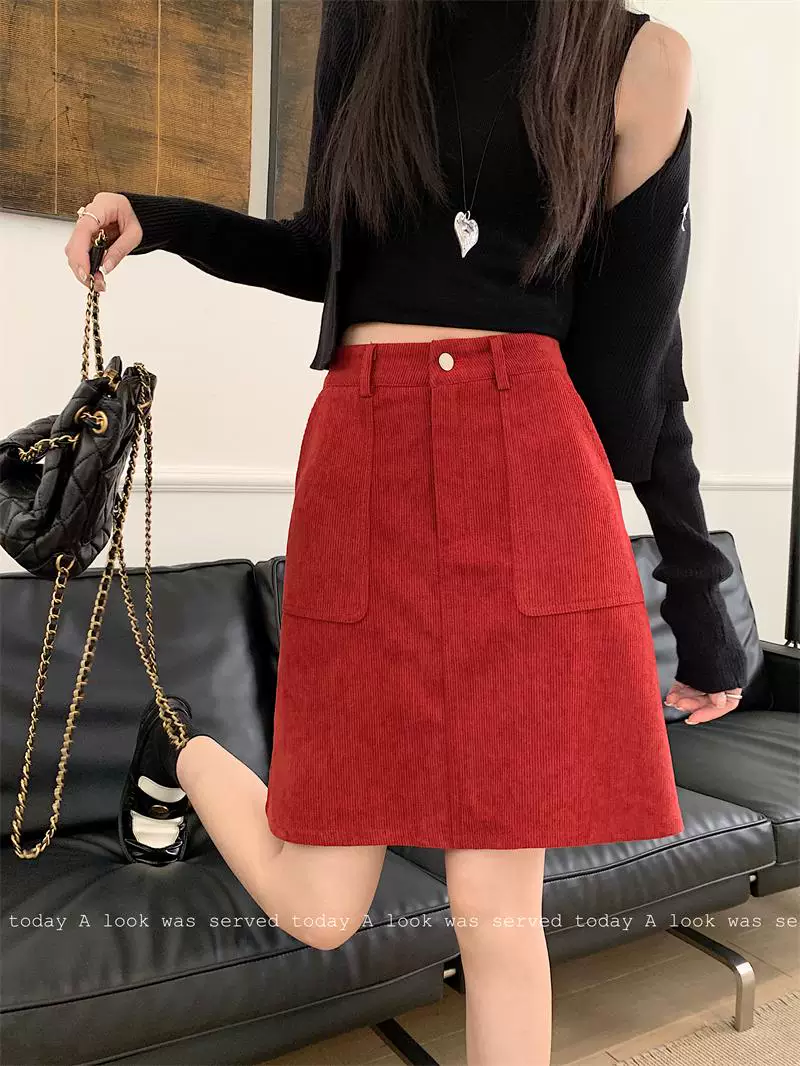 Váy nhung đỏ cổ điển cỡ lớn dành cho nữ, váy bút chì cạp cao tôn dáng mùa thu đông, váy ngắn chữ A, váy midi ôm hông.