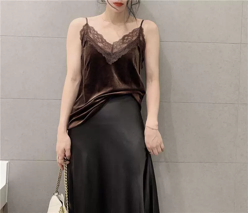 Áo camisole nhung dây mảnh gợi cảm phong cách Hàn Quốc, áo lót ren cổ V, kiểu dáng ôm dáng, áo lót thời trang