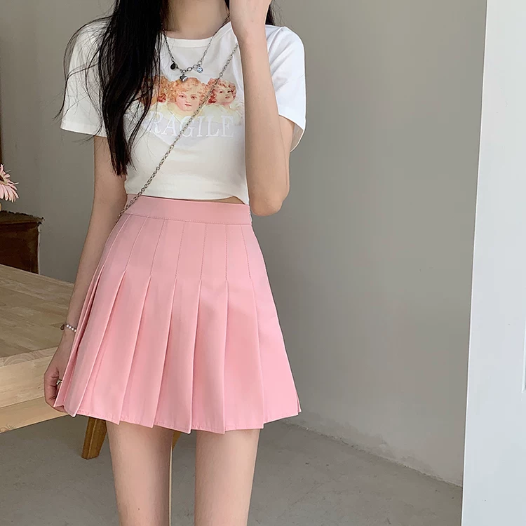 Váy xếp ly màu hồng giảm béo cỡ lớn dành cho nữ, váy chữ A cạp cao che hông mùa hè, váy ngắn chống lộ phong cách học sinh.