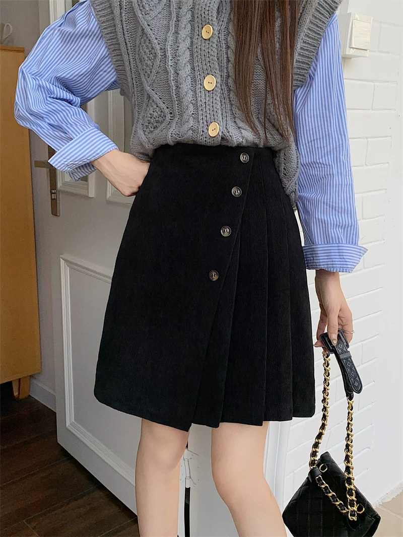 Váy xếp ly bằng vải nhung, dài vừa phải, cỡ lớn, váy ngắn bất đối xứng, váy chữ A che hông mùa thu đông, váy thiết kế dành cho nữ