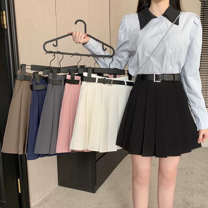 Váy xếp ly TB màu trắng cỡ lớn dành cho nữ mùa xuân hè Bộ đồ chống lộ váy chữ A váy cạp cao kiểu học sinh quần váy