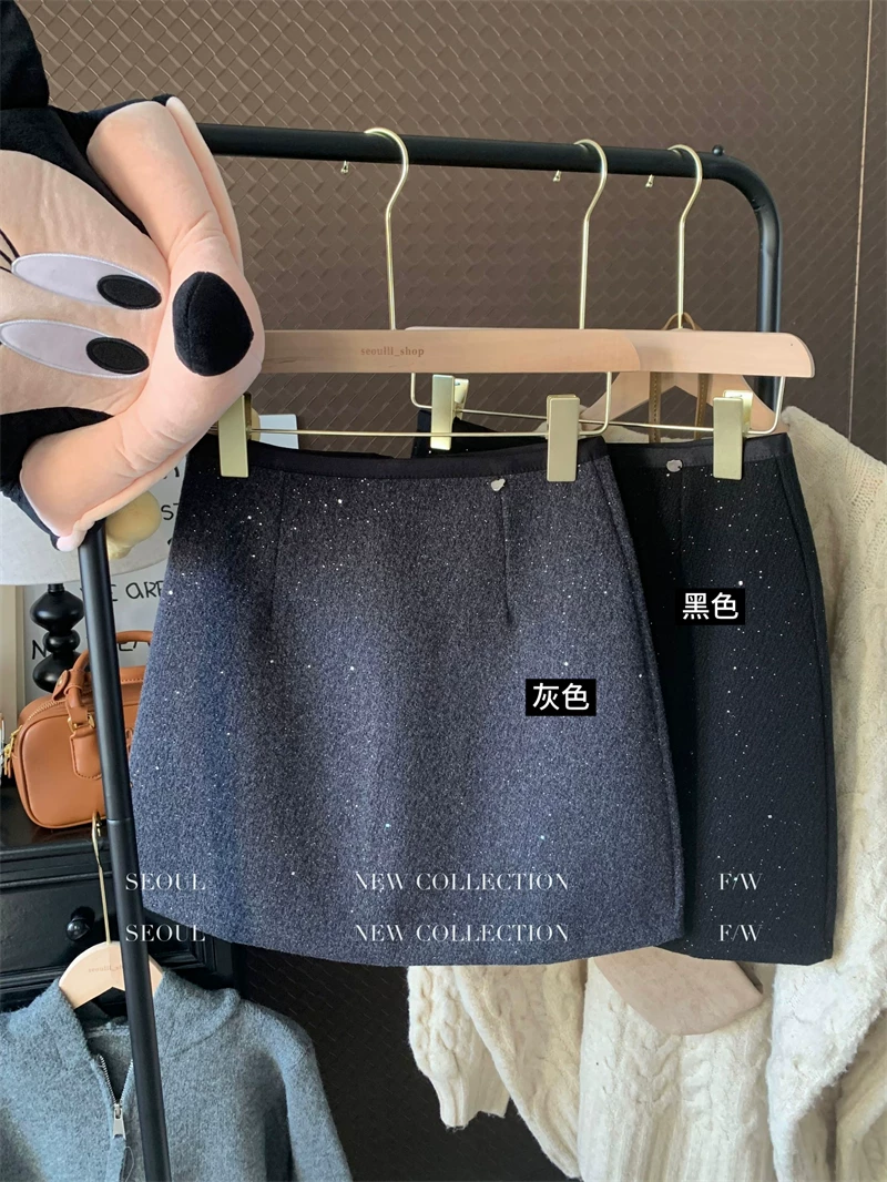 Váy lấp lánh kiểu Chanel cỡ lớn dành cho nữ, váy bút chì dáng chữ A đính sequin đa năng, giúp thon gọn, váy ngắn len dày dặn cho mùa thu đông.