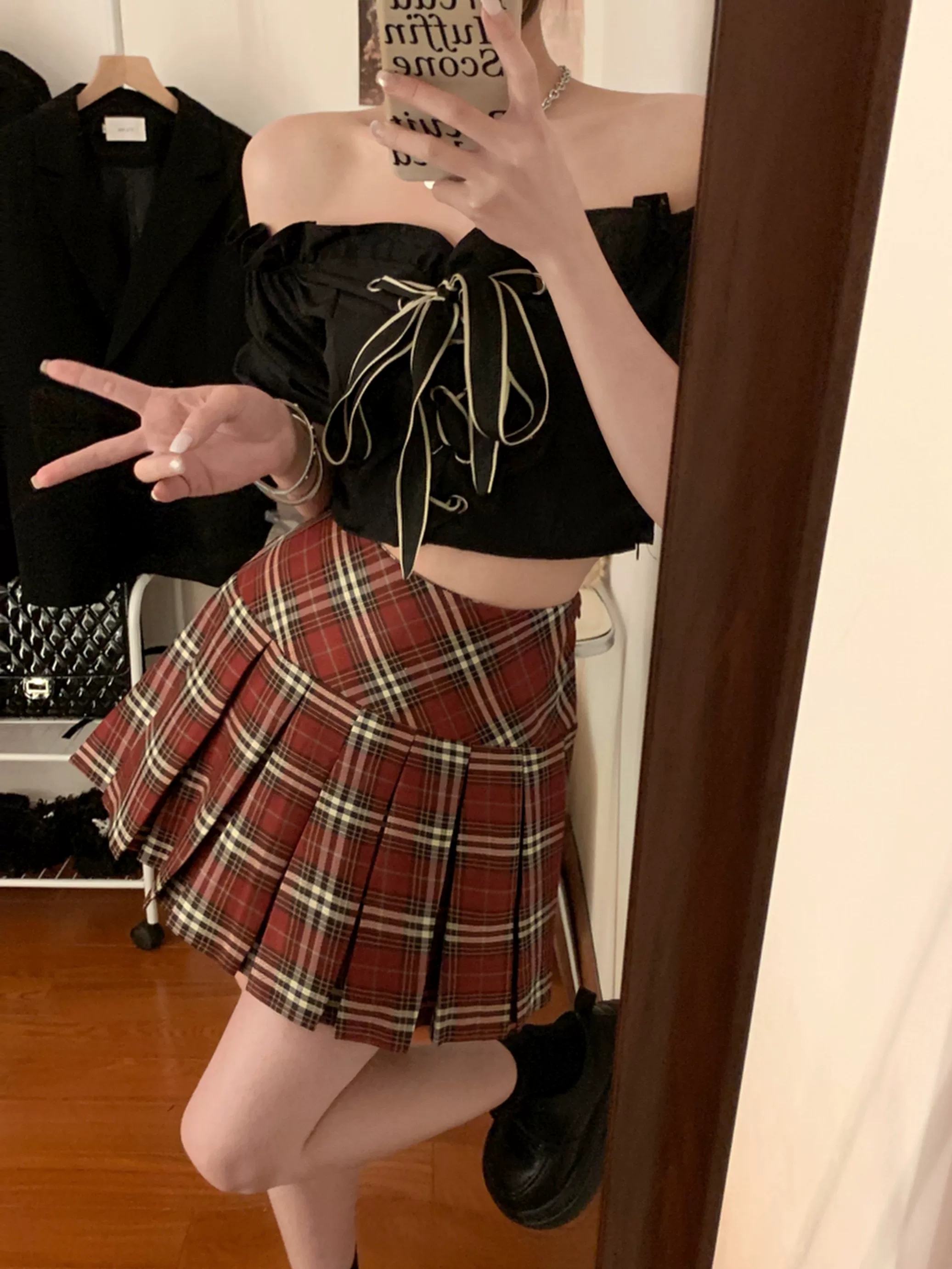 Váy xếp ly kẻ sọc đỏ, cỡ lớn, váy ngắn kiểu JK phong cách preppy, váy nửa thân xuân hè, thiết kế độc đáo, váy chữ A hợp thời trang.