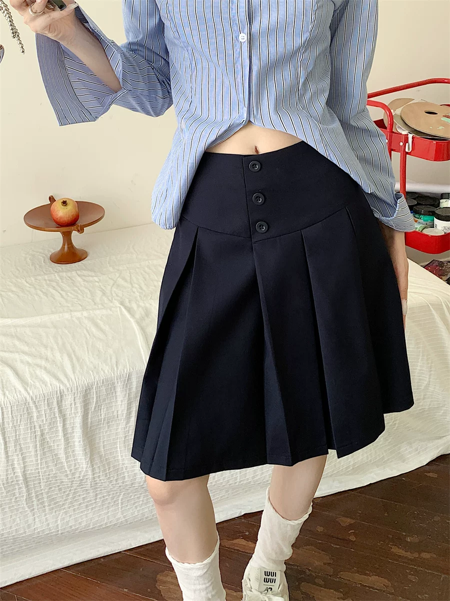 Váy xếp ly màu xanh hải quân dành cho nữ, cỡ lớn, lưng cao, kiểu dáng chữ A thời trang, dáng midi, tôn dáng, kiểu vest, che kín thân.