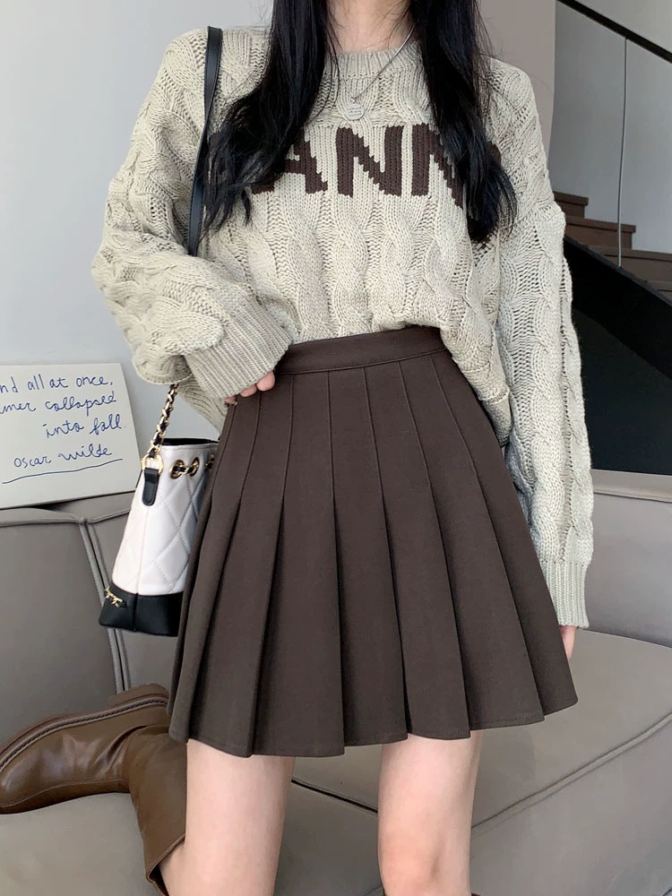 Váy len xếp ly lưng cao màu xám, phong cách preppy thu đông dành cho nữ, phong cách Melard, váy chữ A thon gọn, váy ngắn.