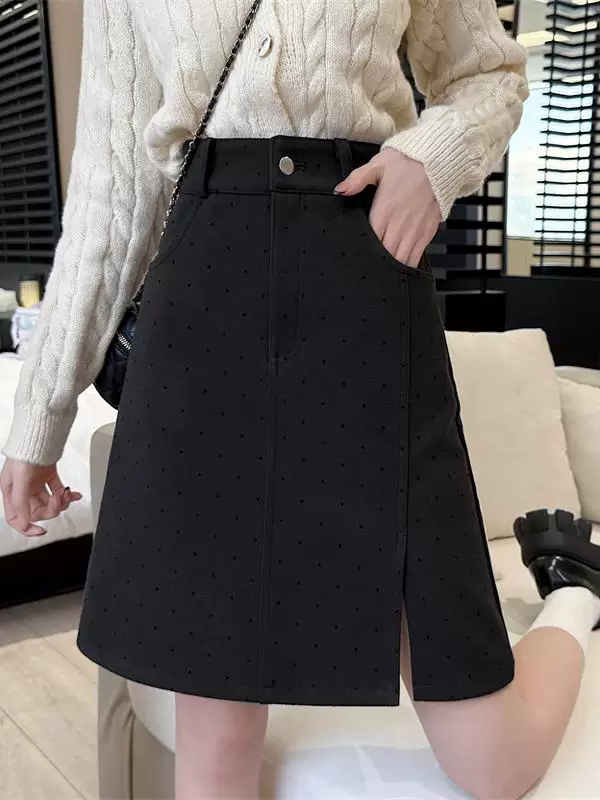 Váy len xẻ tà màu xám chấm bi cỡ lớn dành cho nữ, mùa thu đông, váy chữ A che hông, váy midi định hình cơ thể cho người béo mm