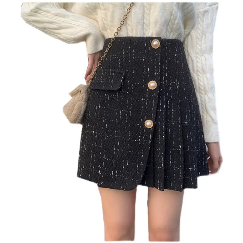 Váy xếp ly bằng vải tweed cỡ lớn dành cho nữ, thiết kế mùa đông, váy ngắn dành cho phụ nữ cỡ lớn, váy bút chì kẻ sọc lưng cao, váy chữ A.