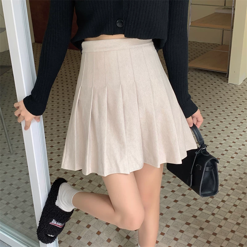 Váy xếp ly màu kaki dành cho nữ, váy len màu xám phong cách preppy mùa thu đông, váy chữ A cạp cao thon gọn, váy ngắn