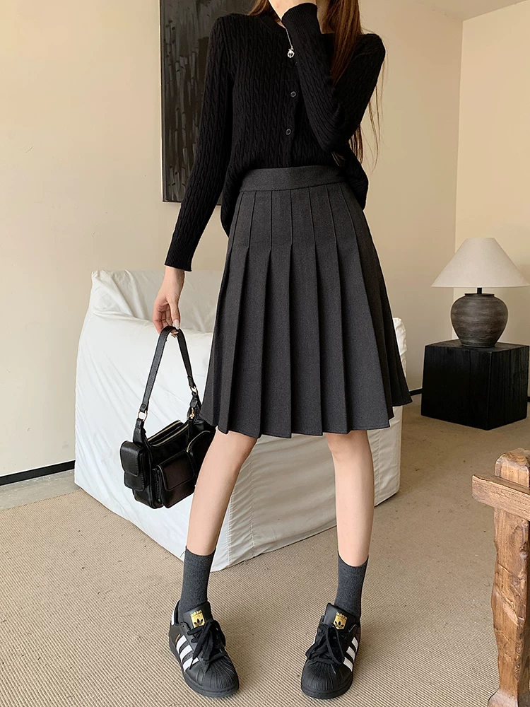 Váy len xếp ly cỡ lớn, váy dài trung bình dành cho nữ, mùa thu đông, lưng cao, phong cách preppy, váy chữ A, váy ngắn thon gọn.