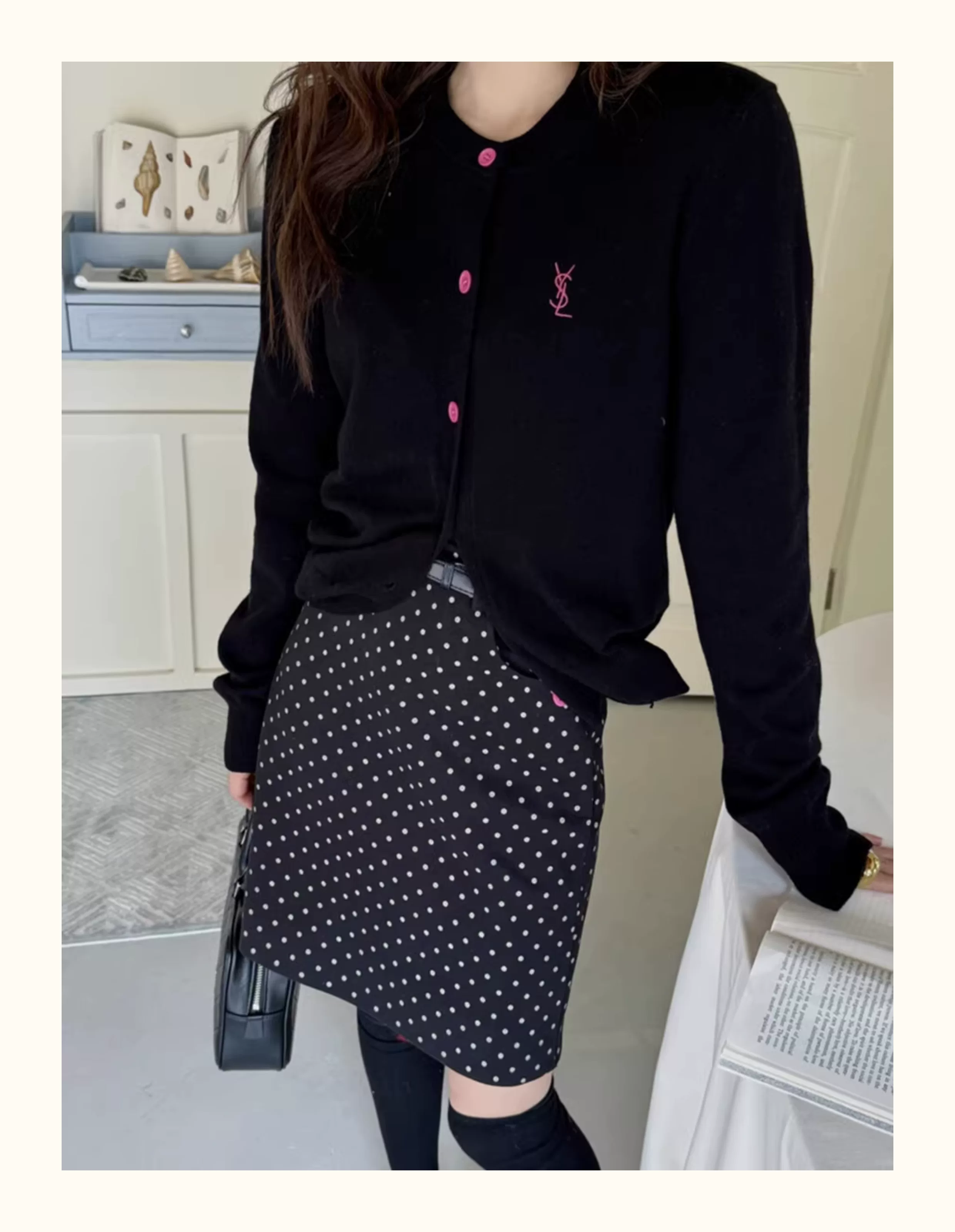 Váy chấm bi đen cho nữ, cỡ lớn, mùa xuân hè, váy bút chì len lưng cao, váy midi chữ A, cỡ lớn, váy bút chì xẻ tà chấm bi.