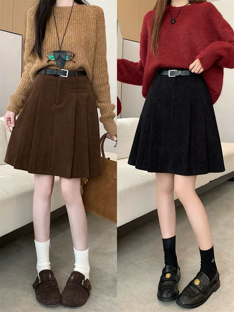 Váy xếp ly bằng vải nhung cỡ lớn, váy chữ A cạp cao mùa thu đông dành cho nữ, váy dài vừa phải giúp thon gọn và che hông.