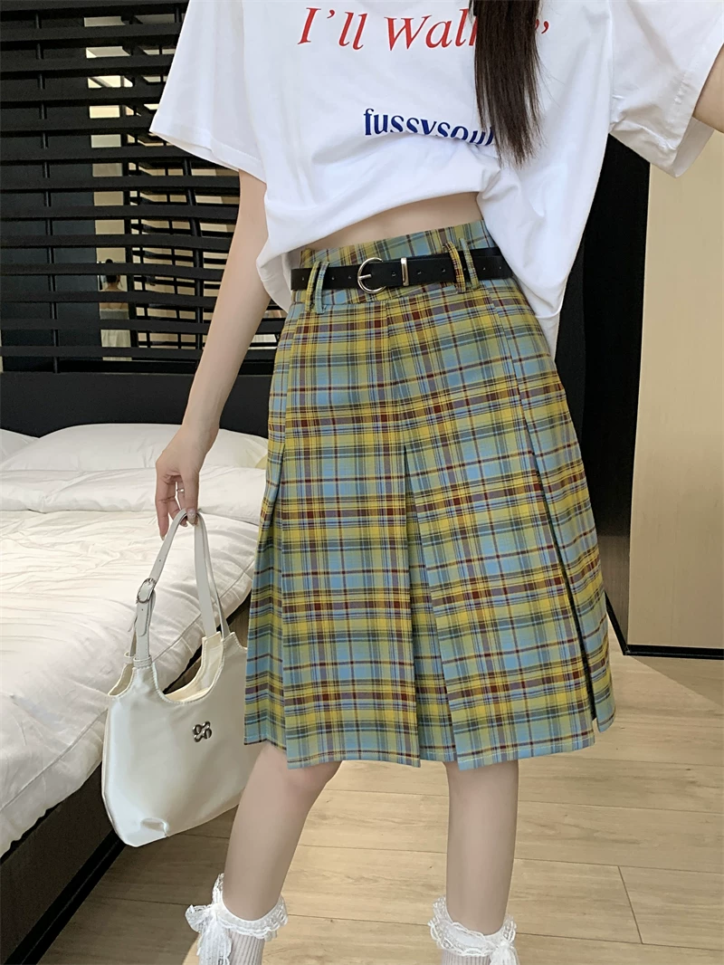 Váy xếp ly lưng cao phong cách preppy cỡ lớn, váy kẻ sọc xanh vàng mùa hè dành cho nữ, váy dài vừa vặn dáng chữ A giúp thon gọn