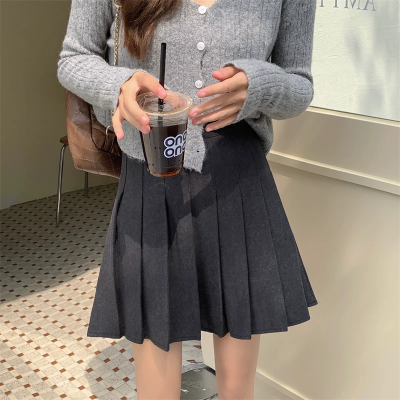 Váy xếp ly màu kaki dành cho nữ, váy len màu xám phong cách preppy mùa thu đông, váy chữ A cạp cao thon gọn, váy ngắn