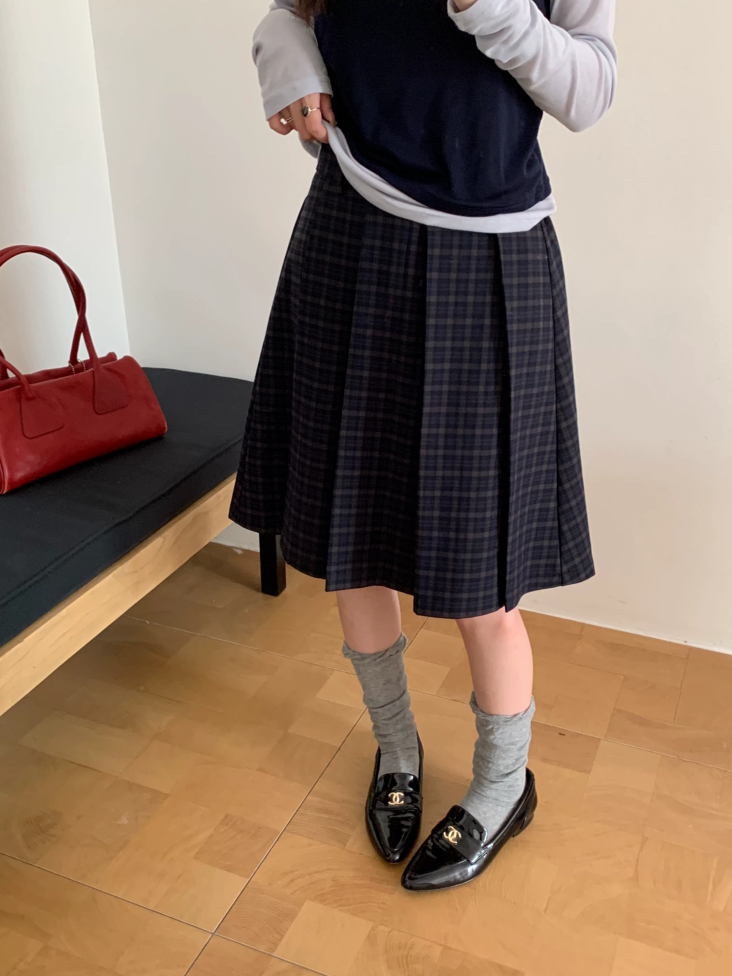 Váy midi kẻ sọc xanh cao cấp dành cho nữ, phong cách Hàn Quốc, cỡ lớn, tôn dáng, phong cách preppy, váy xếp ly họa tiết, váy chữ A.