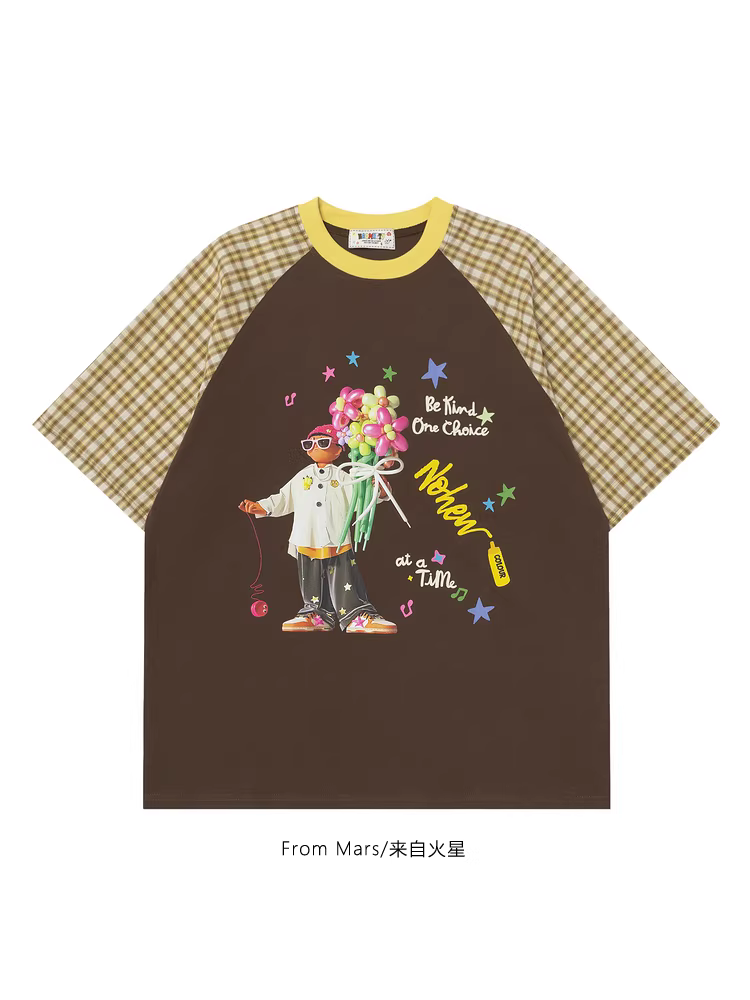 From Mars Balloon Bouquet Phong cách cổ điển châu Âu và Mỹ chắp vá kẻ sọc màu sắc tương phản raglan áo thun ngắn tay dáng rộng cặp đôi bf