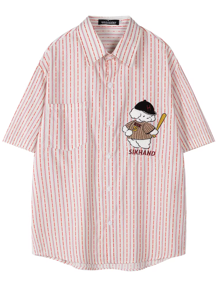 From Mars Sweetheart Baby Summer Vintage Vertical Stripe Embroidery Loose Couple Áo sơ mi ngắn tay Ins Thương hiệu thời thượng