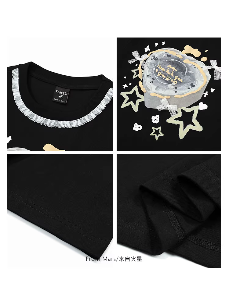 From Mars Candy Box Phong cách cô gái ngọt ngào Nhật Bản Áo thun ngắn tay có viền ren kiểu dáng rộng xu hướng sinh viên