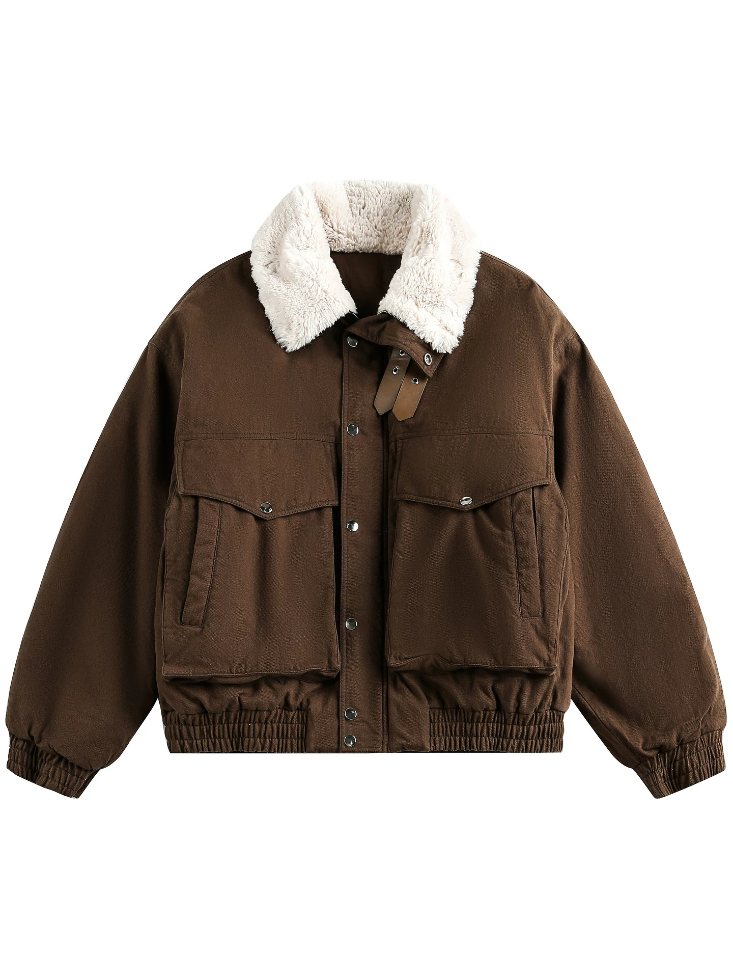 Áo khoác cotton dày mùa đông unisex có cổ lật, thiết kế túi lớn, dáng rộng, hoàn hảo cho xu hướng Instagram.