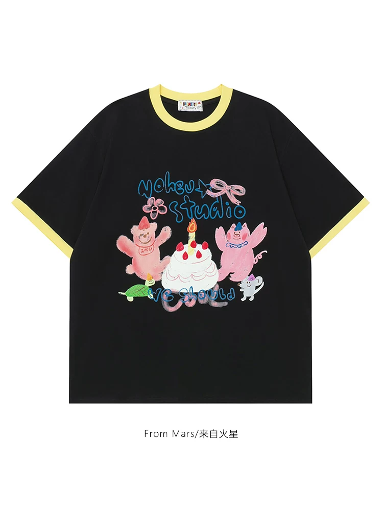 Từ sao Hỏa Khoảnh khắc lễ kỷ niệm Xu hướng quốc gia Phong cách dễ thương ngọt ngào In graffiti Cổ tròn Khối màu Áo thun ngắn tay dáng rộng
