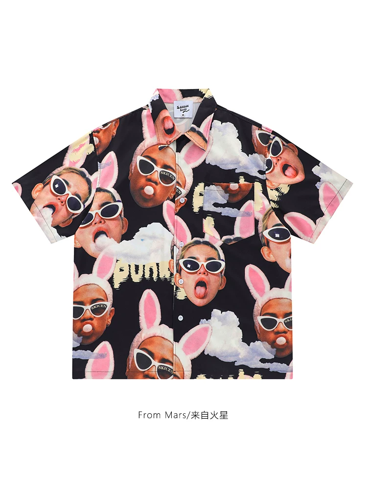 Từ Mars Dopamine Party Áo sơ mi ngắn tay in họa tiết phong cách Mỹ hợp thời trang hip-hop dáng rộng mùa hè