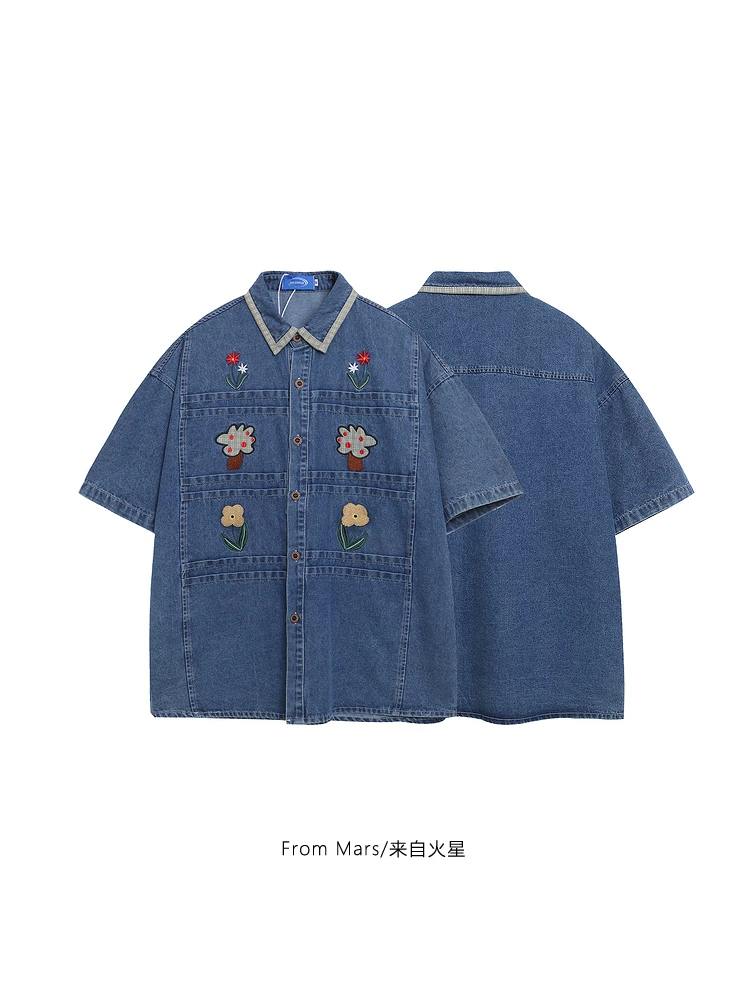 Từ sao Hỏa trang trí hoa theo xu hướng quốc gia retro cổ điển thêu denim unisex áo sơ mi ngắn tay dáng rộng mùa hè