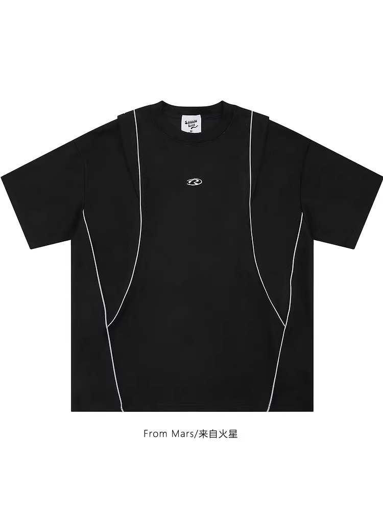 From Mars Temporary Mark Vintage Line Stitching Unisex Niche Loose Áo thun ngắn tay đa năng dành cho mùa hè
