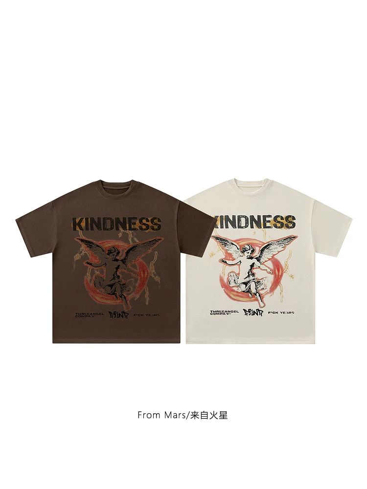 From Mars Wings Girl phong cách retro đường phố cao cấp thiên thần giản dị áo thun ngắn tay đa năng unisex