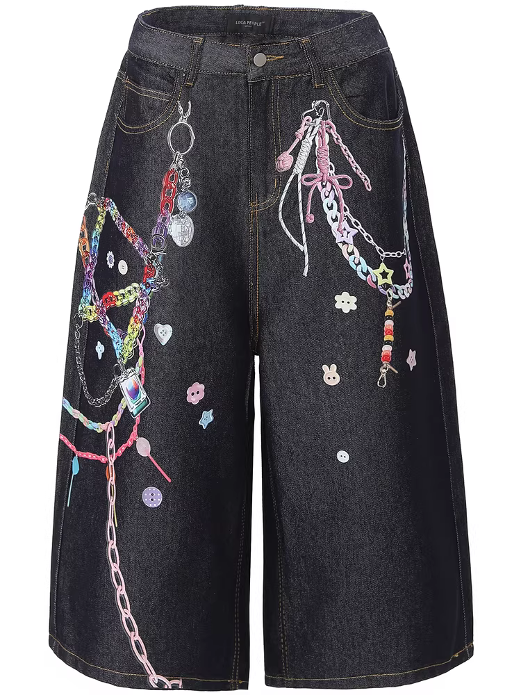 From Mars Cool Cool Decoration Quần denim ống rộng in họa tiết dây chuyền đầy màu sắc theo phong cách Mỹ