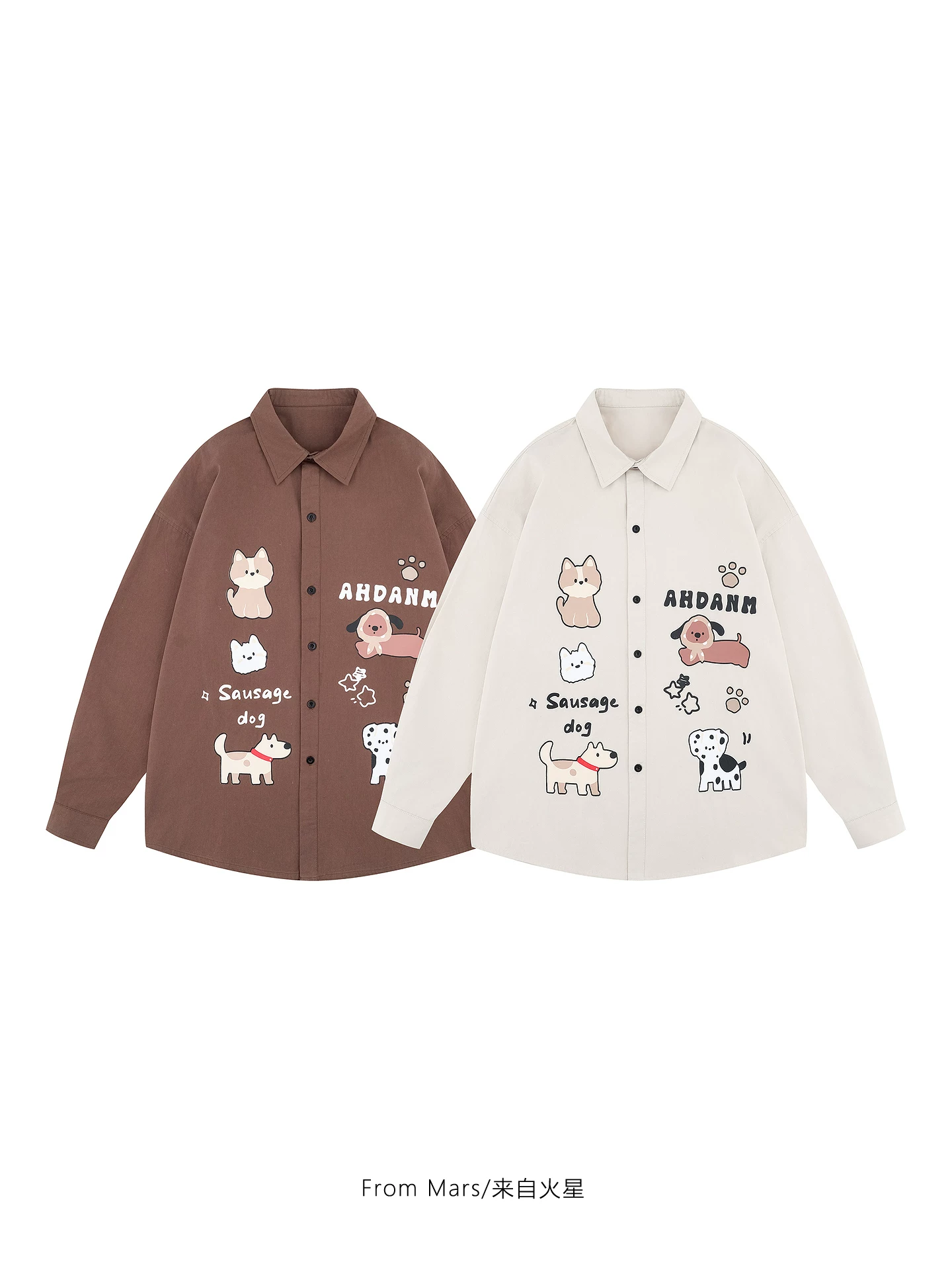 From Mars Fun Dog Print Áo sơ mi dài tay dáng rộng kiểu dáng giản dị Áo khoác thương hiệu hợp thời trang Phong cách đại học Ins