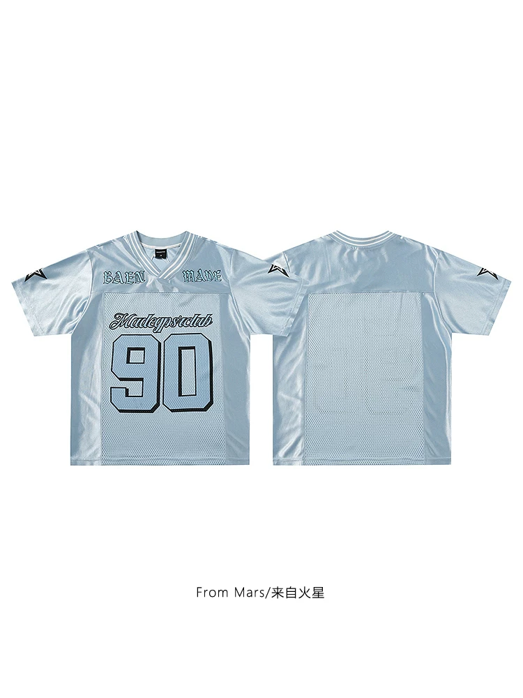 From Mars Blue Galaxy Hip-hop Letter Print Áo thun thể thao thoáng khí chắp vá cho cặp đôi Áo thun ngắn tay dáng rộng
