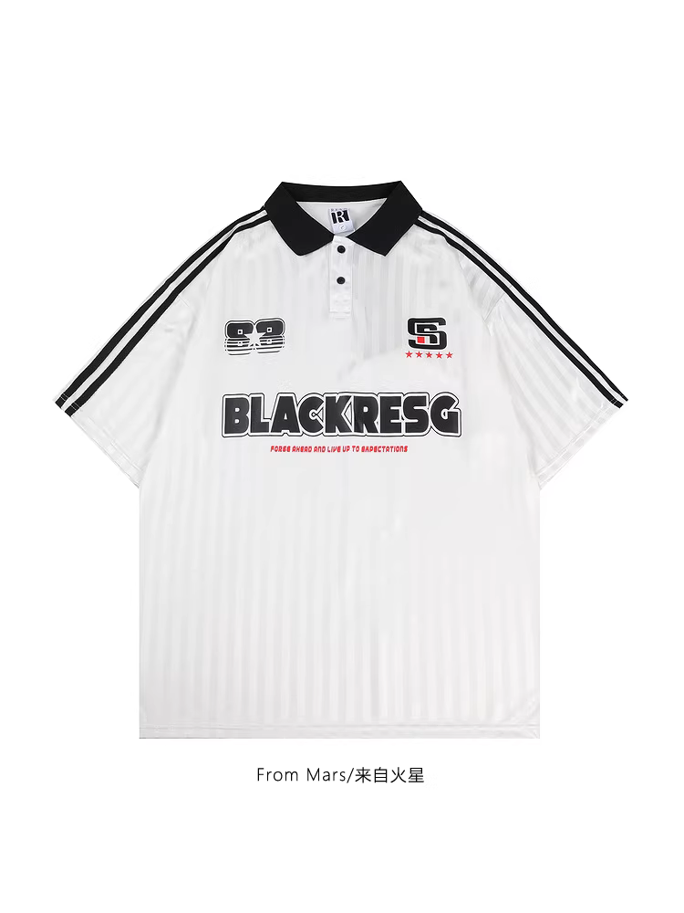 From Mars Forget Yesterday Phong cách đại học hợp thời trang Màu chữ phối màu Cổ áo polo dáng rộng Áo thun thể thao ngắn tay mùa hè