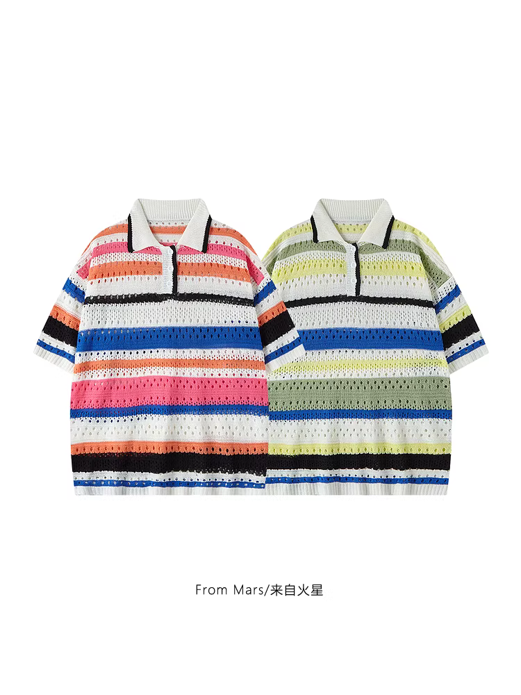 Từ Mars Midsummer Holiday Street Casual Ins Hollow Striped Loose Couple Áo thun ngắn tay xu hướng mùa hè