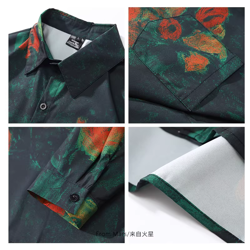 Áo sơ mi dài tay dáng rộng phong cách lười biếng cổ Cuba họa tiết tranh sơn dầu cổ điển màu đỏ hồng quả hồng từ sao Hỏa dành cho cặp đôi