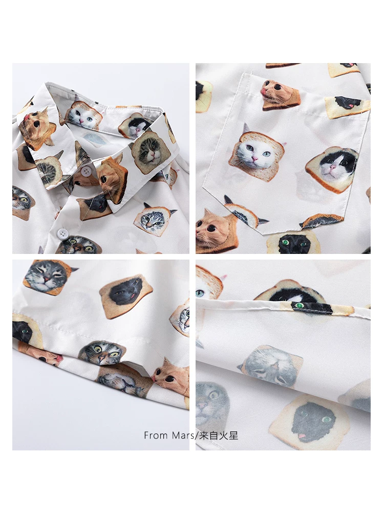 From Mars Cast Bread Cat Japanese Cityboy Fun Cat Áo sơ mi ngắn tay in họa tiết toàn thân dáng rộng Unisex