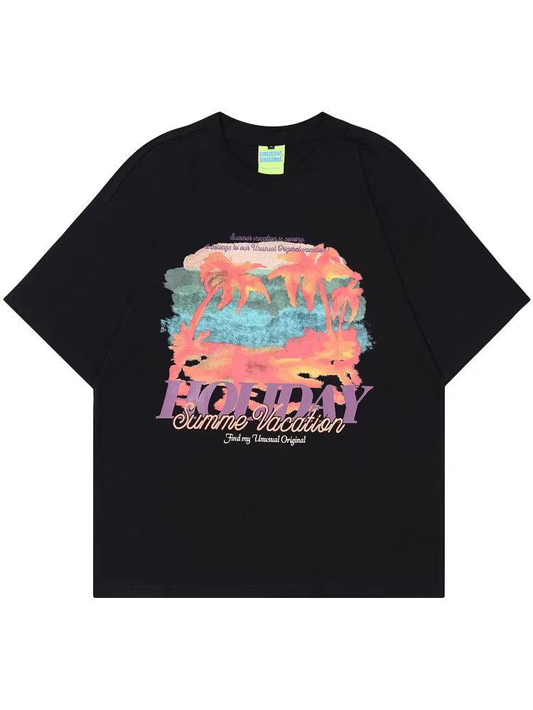 From Mars Sunset Coconut Tree Summer Beach Print Áo thun ngắn tay đa năng trẻ trung, dáng rộng, đa năng dành cho cặp đôi thường ngày