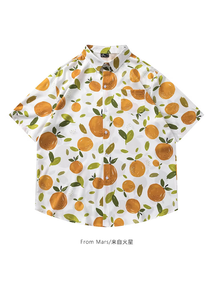 From Mars Sweet Orange Phong cách Harajuku Nhật Bản Áo sơ mi ngắn tay in họa tiết graffiti màu cam toàn thân dáng rộng xu hướng cặp đôi