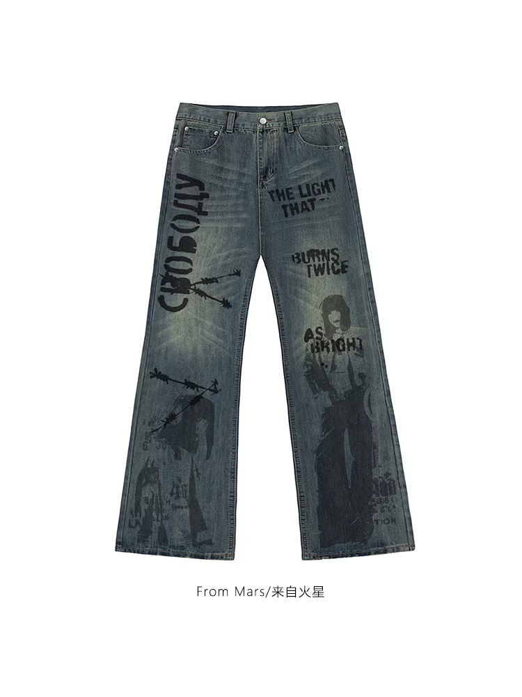 Quần jean nữ phong cách Mỹ cổ điển, in họa tiết, rách cá tính, dáng rộng, đa năng, chất liệu denim