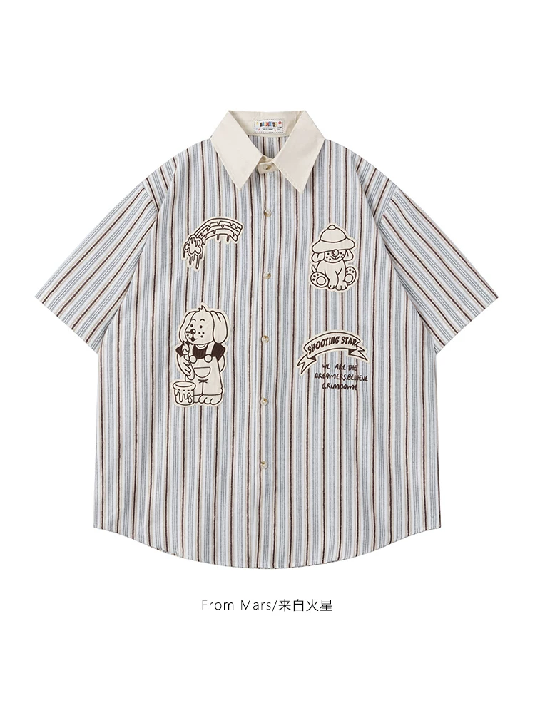 From Mars Hardworking Puppy National Trend Áo sơ mi ngắn tay có cổ sọc màu tương phản Áo cardigan đôi đa năng dáng rộng vừa vặn