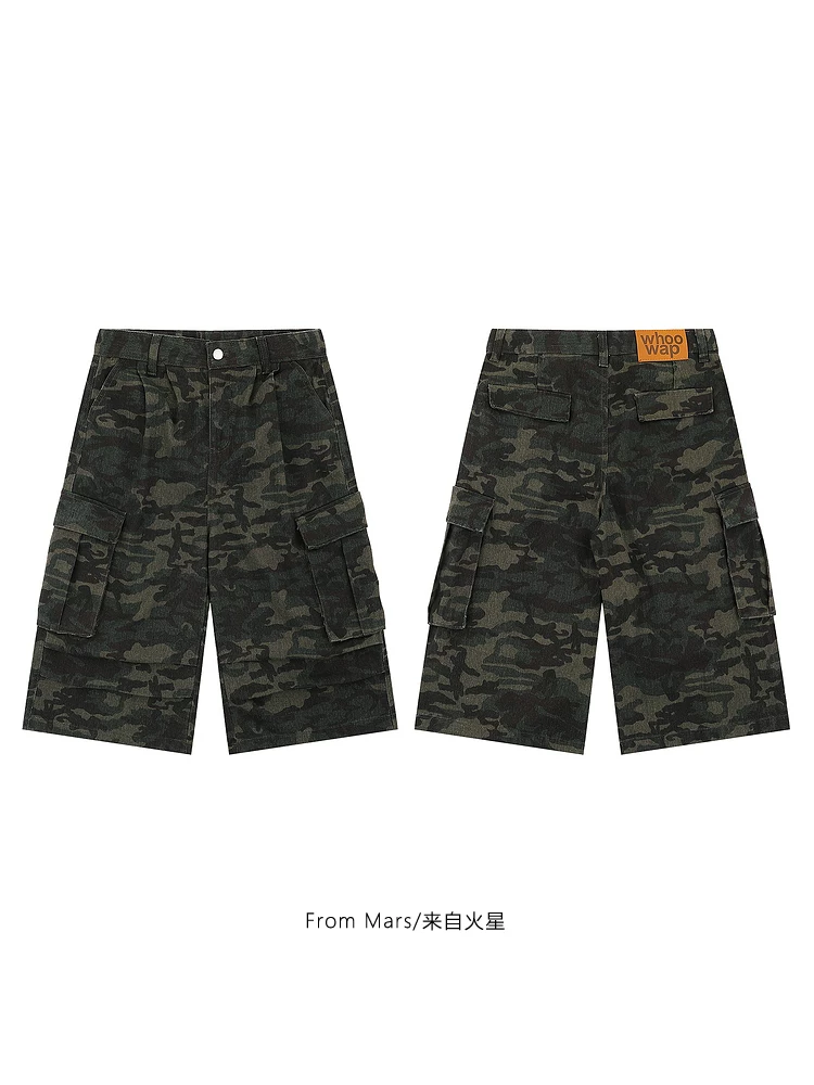 Từ sao Hỏa Một chút hồi hộp Quần short denim xếp ly ngụy trang cổ điển châu Âu và Mỹ Quần short denim xếp ly unisex mùa hè Quần crop dáng rộng