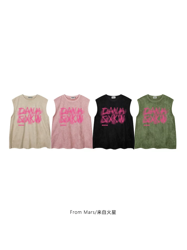 Từ sao Hỏa Áo vest không tay in chữ mùa hè mát mẻ và sảng khoái Unisex Áo thun không tay đa năng dáng rộng hợp thời trang