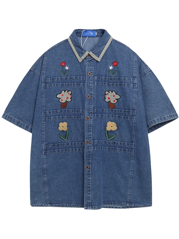 Từ sao Hỏa trang trí hoa theo xu hướng quốc gia retro cổ điển thêu denim unisex áo sơ mi ngắn tay dáng rộng mùa hè