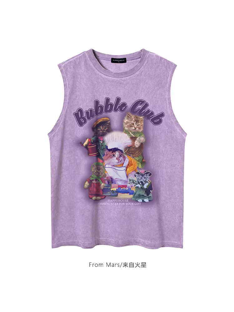 From Mars Cat Chef Áo thun không tay cổ điển phong cách đường phố châu Âu và Mỹ có in hình mèo con áo ba lỗ dáng rộng