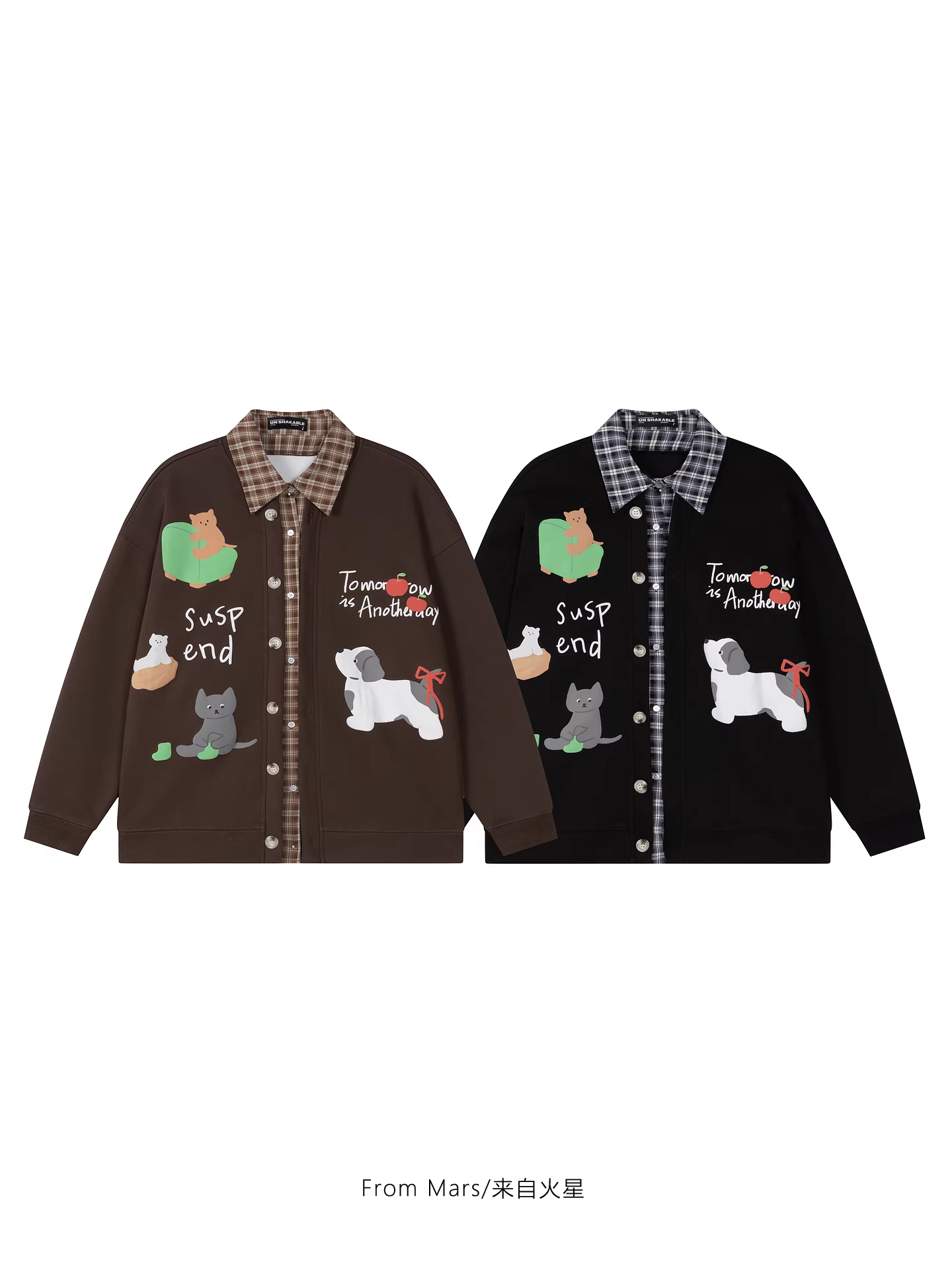 From Mars Cute Time In hình hoạt hình Áo khoác cardigan dáng rộng hai mảnh giả có cổ cài khuy Áo khoác Ins