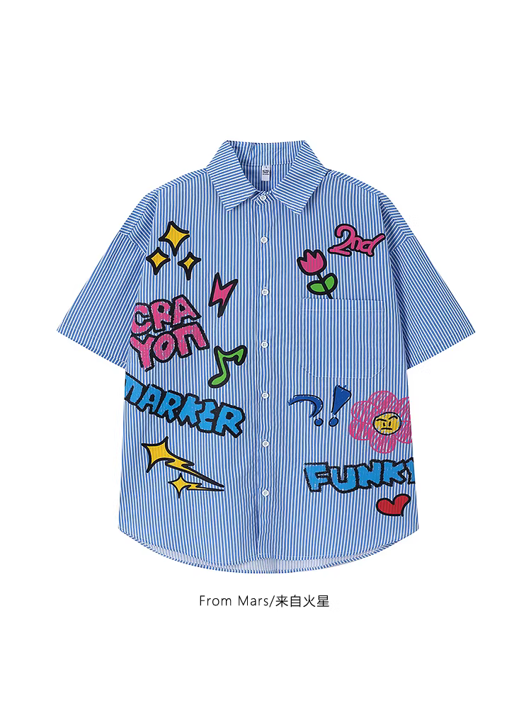 From Mars Sunny Day Fun Design In sọc sành điệu Áo sơ mi ngắn tay mùa hè dáng rộng Ins
