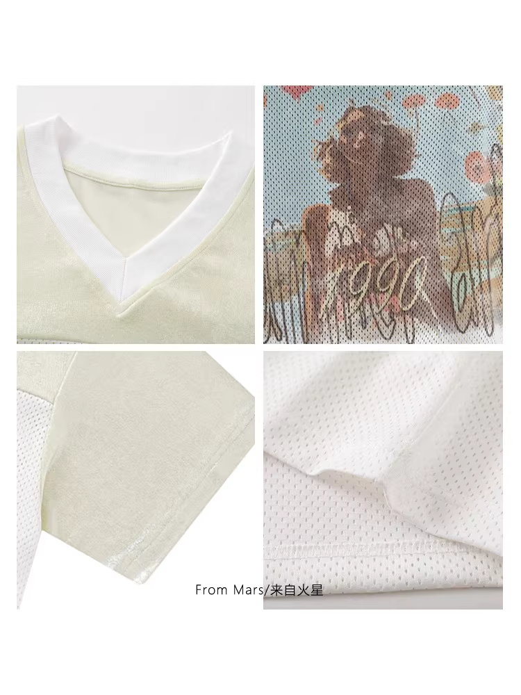 Từ sao Hỏa, gặp gỡ bình thường, áo thun cổ tròn tay ngắn phong cách Harajuku Nhật Bản, phong cách mùa hè lười biếng.