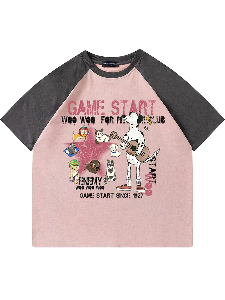 From Mars Pet Party Áo thun ngắn tay cổ tròn màu sắc cổ điển kiểu Mỹ in họa tiết vui nhộn xu hướng cặp đôi