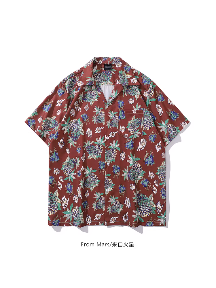 From Mars Large Pineapple Phong cách đường phố Hồng Kông Thời trang giản dị cổ điển Áo sơ mi tay ngắn dáng rộng cổ điển kiểu Cuba