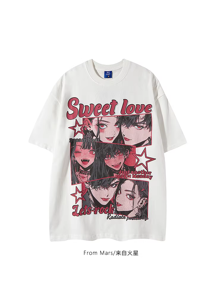 From Mars Sweet Love Phim hoạt hình đường phố Nhật Bản In hai chiều dáng rộng Ins Style Áo thun ngắn tay Unisex