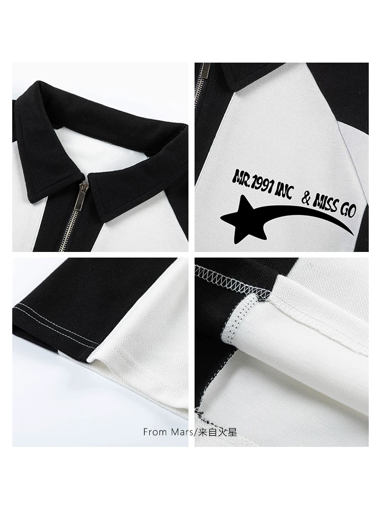 Từ sao Hỏa Hạ cánh trên sao băng Thương hiệu thời thượng Phong cách retro Chữ Graffiti Khối màu Cổ áo POLO Tay ngắn dáng rộng Phong cách đường phố Unisex