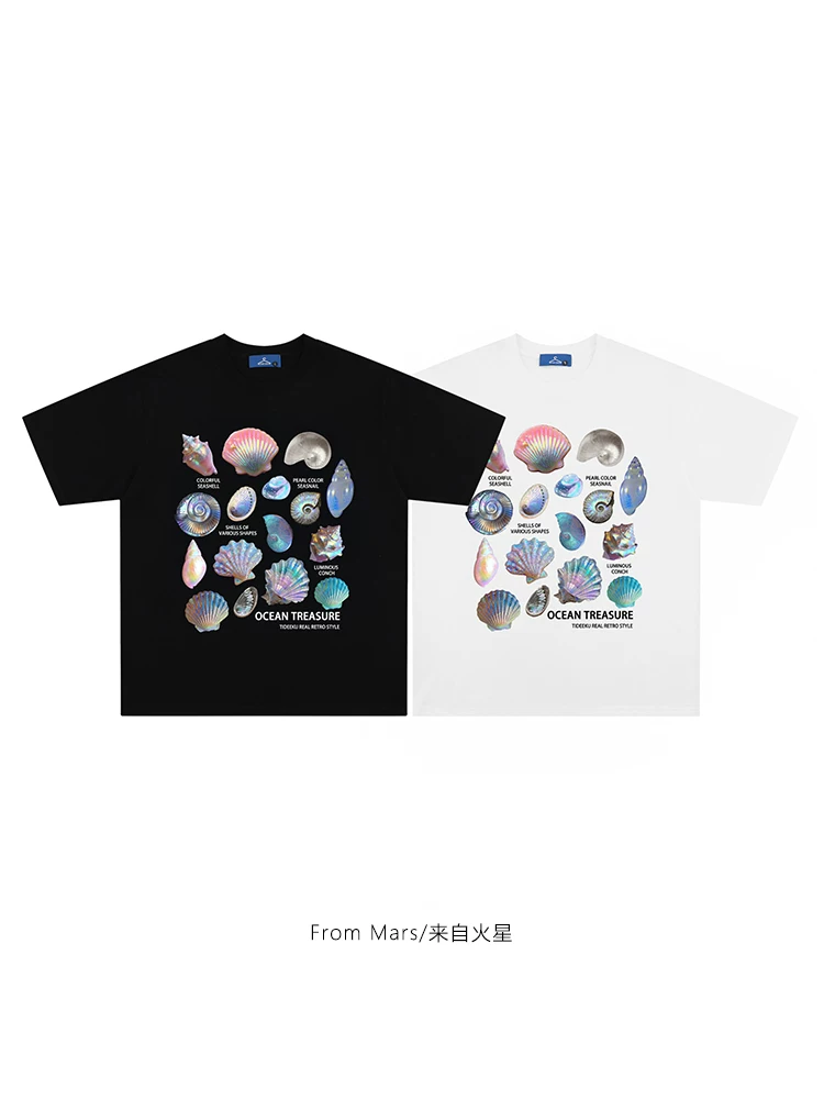 Từ Mars Thiết kế theo phong cách Harajuku niche beach shell dáng rộng vừa vặn đa năng áo thun ngắn tay unisex mùa hè bf